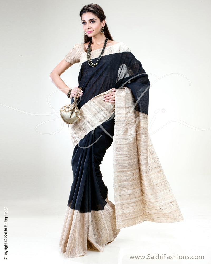 SR-0422 Black & Beige Pure Matka Silk Saree