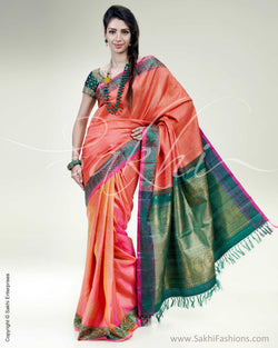 SR-0431 Peach & Green Kanchivaram Silk Saree
