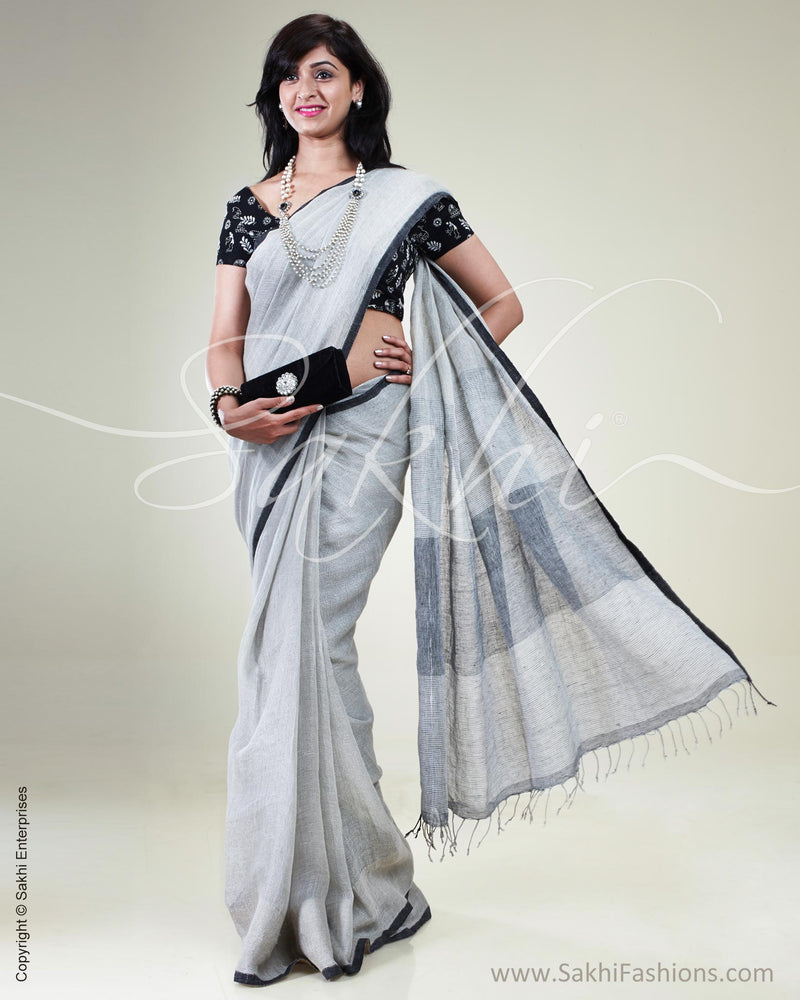 SR-0484 Pure Linen white Sari