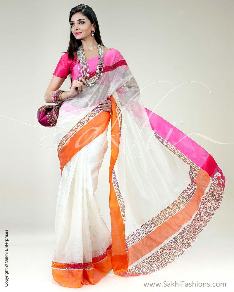 SR-0495 White & pink pure Silk Kota saree