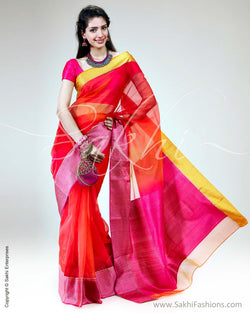 SR-0515 - Orange & Pink Pure Chanderi Saree