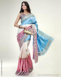 SR-0533 - Blue & Cream Pure Silk Saree