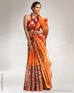 SR-0545 - Orange & multi pure Organza silk saree