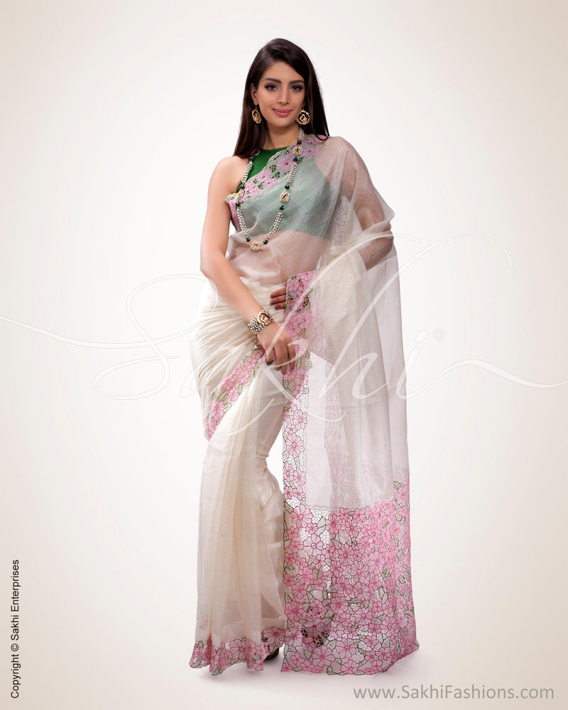 SR-0546 - Cream & Pink Pure Kota Cotton Saree