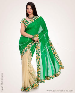 SR-0553 Green & Beige Faux Georgette Saree