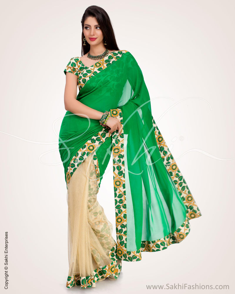 SR-0553 Green & Beige Faux Georgette Saree
