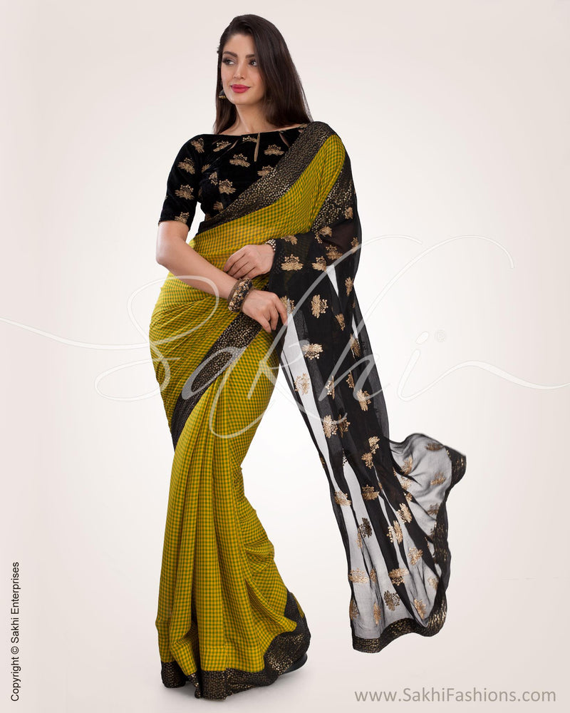 SR-0560 - Green & Black Pure Chiffon Silk Saree
