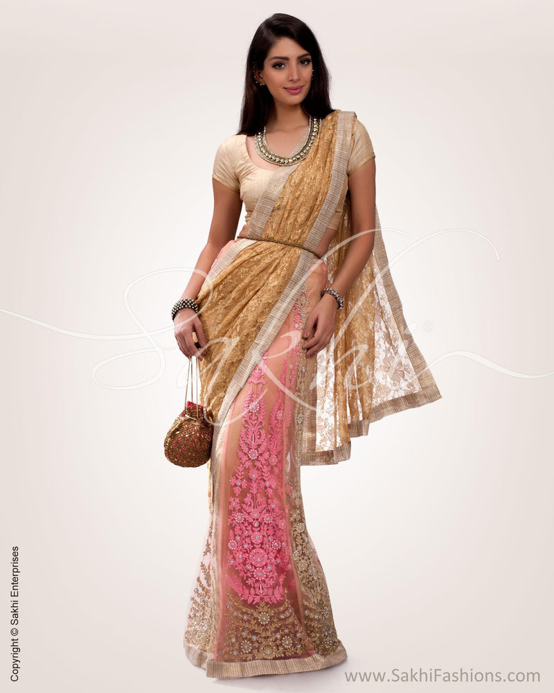 SR-0580 - Beige & Pink Lace Saree
