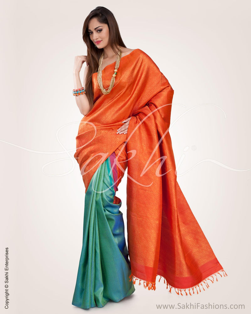 SR-0583 - Orange & Blue Pure Kanchivaram Silk Saree