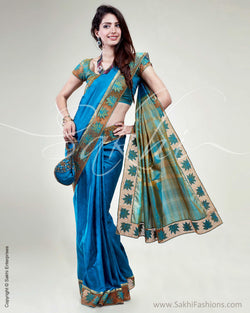 SR-0584 - Blue & Mustard Pure Silk Saree