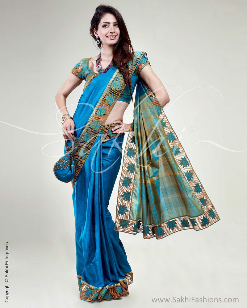 SR-0584 - Blue & Mustard Pure Silk Saree