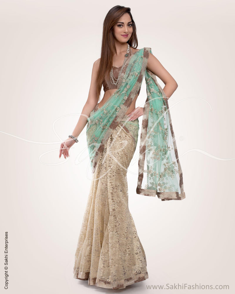 SR-0587 - Beige & Green Lace Saree