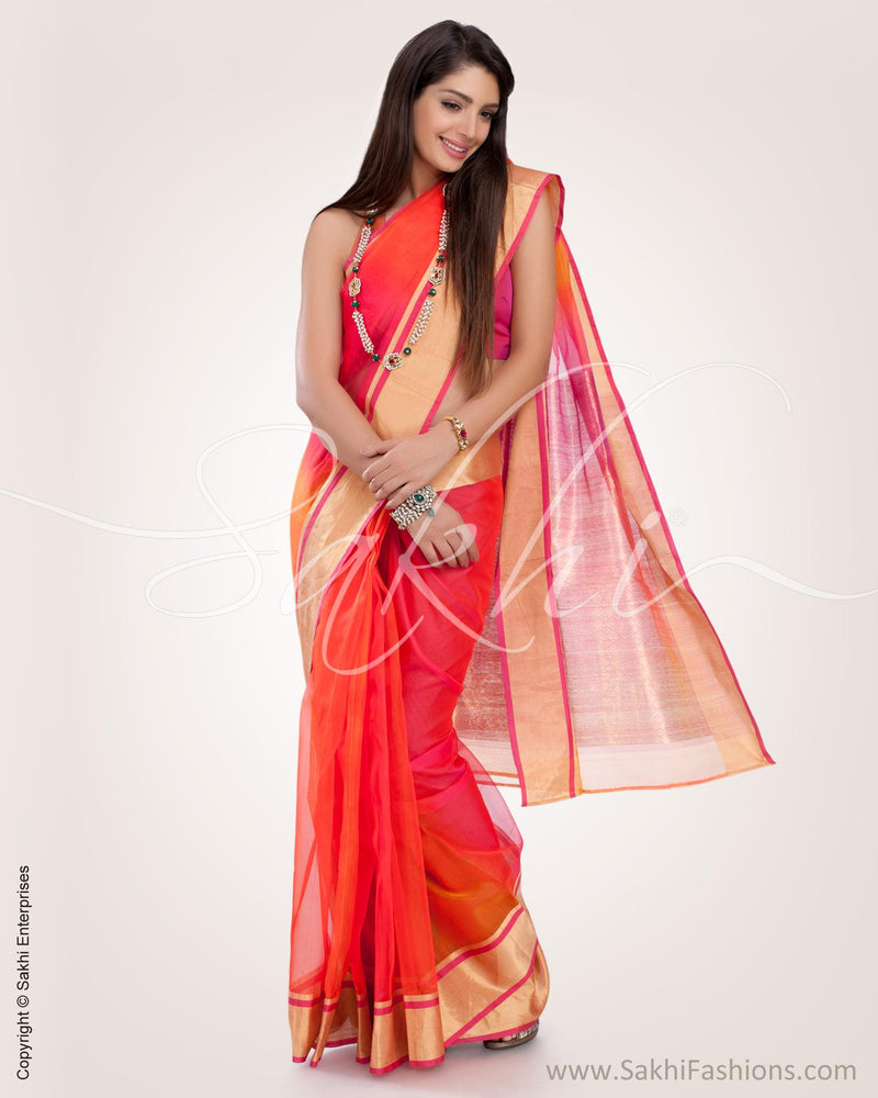 SR-0593 - Orange & Pink Pure Organza Silk Saree