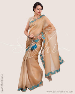 SR-0601 Beige Blue Cutwork Sari