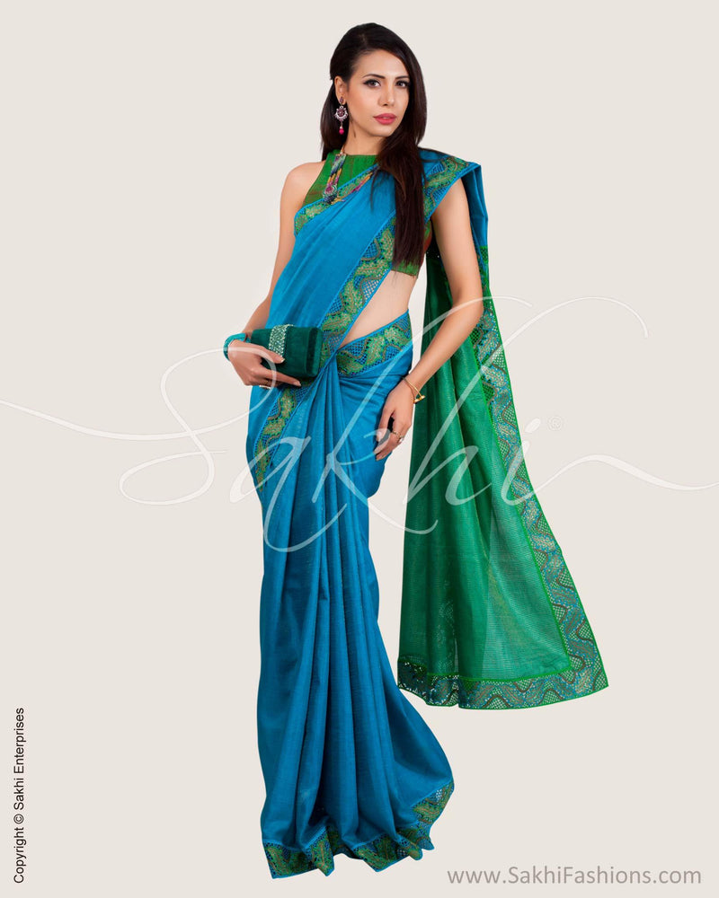 SR-0622 - Blue & Green Pure Tussar Silk Saree