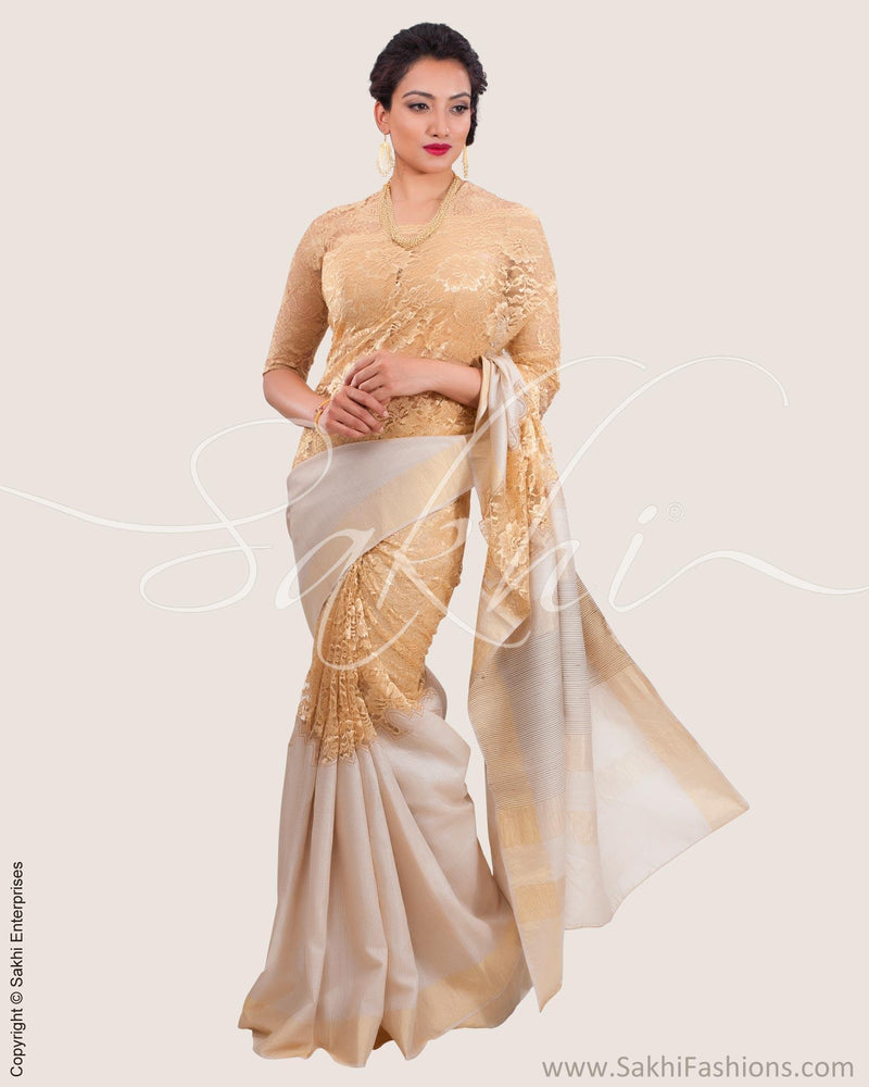 SR-0632 - Beige & gold pure Tussar silk saree