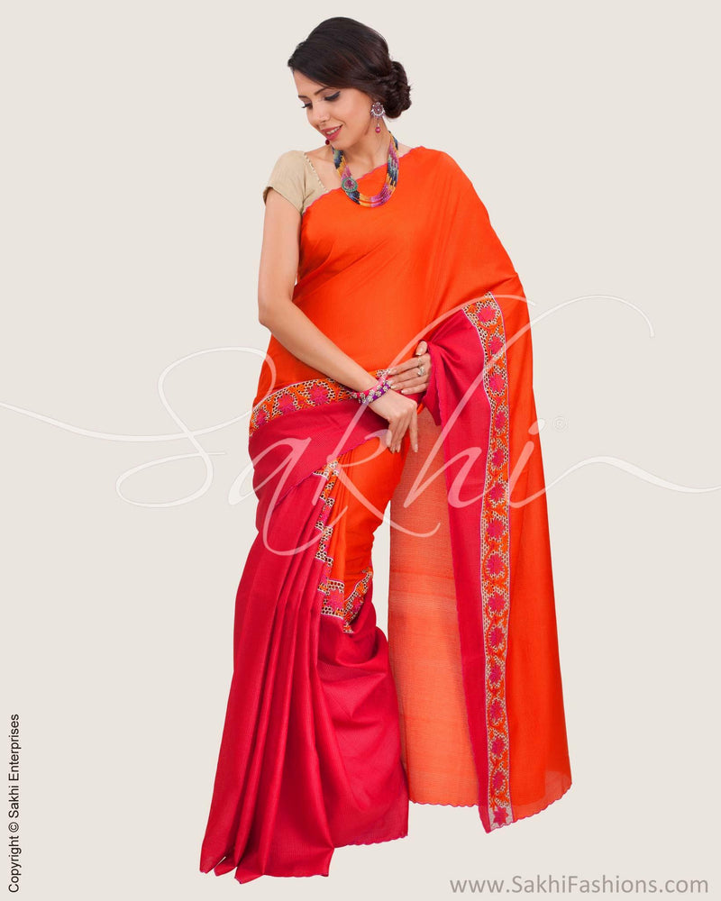SR-0634 - Red & orange pure Tussar silk saree