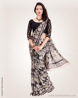 SR-0638 - Beige & black Silk & Cotton saree