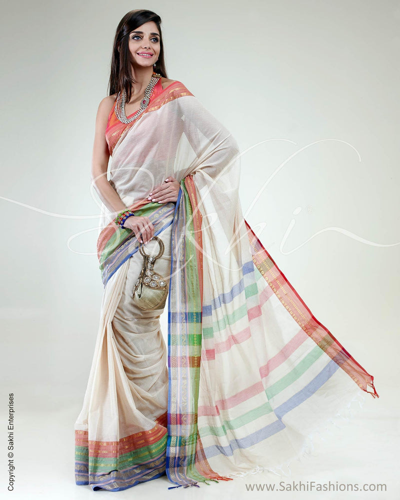 SR-0640 - Cream & Multi Pure Cotton Saree