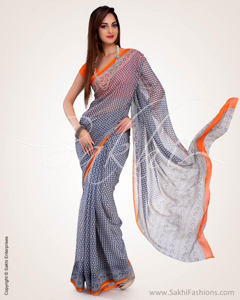 SR-0642 - Blue & Orange Pure Chiffon Silk Saree
