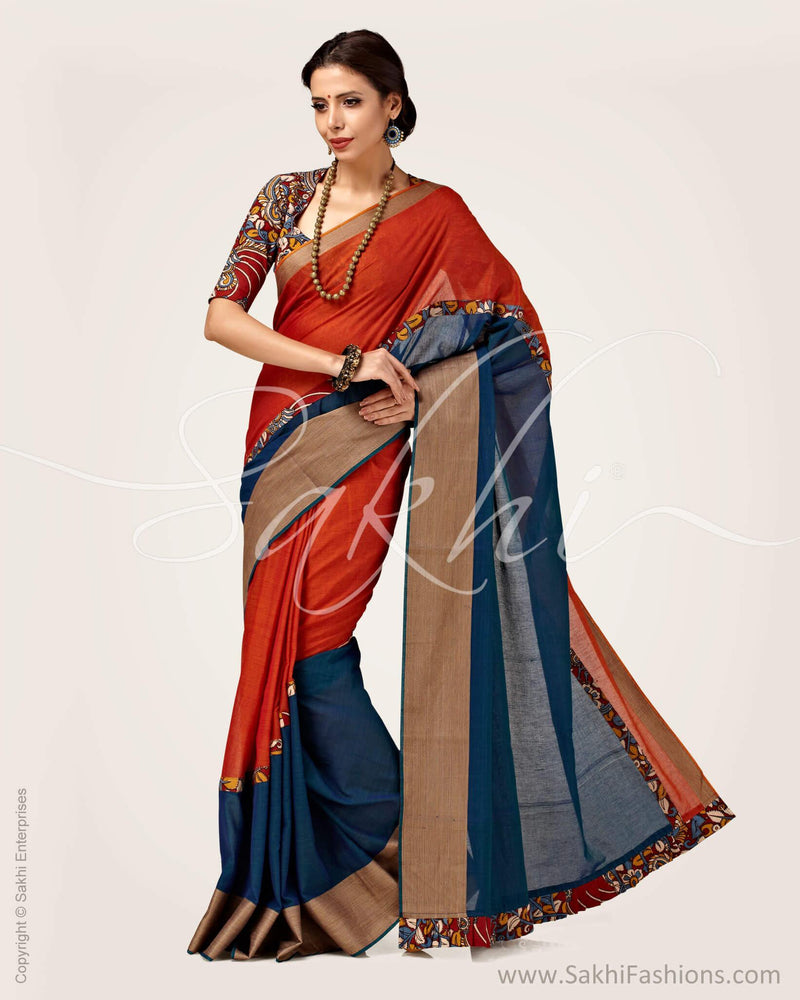 SR-0663 - Blue & Orange Pure Cotton Saree