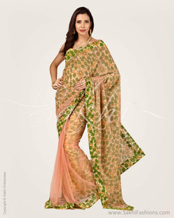 SR-0666 - Peach & Green Faux Georgette Saree