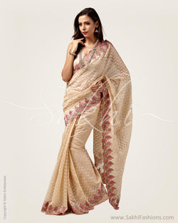 SR-0668 - Beige & Pink Supernet Saree