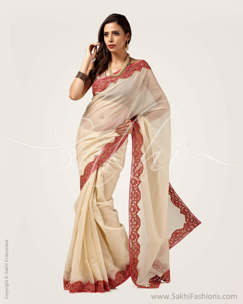 SR-0669 - Cream & Pink Supernet Saree