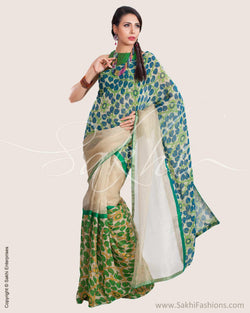 SR-0690 - Cream & green Tissue Kota saree