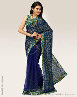 SR-0694 - Blue & Green Faux Georgette Saree