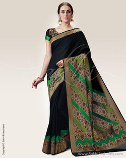 SR-0696 - Black & Green Blended Tussar  Saree