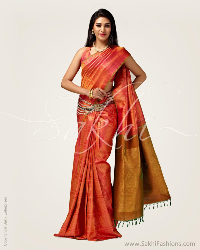 SR-0736 - Peach & Green Pure Kanchivaram Silk Saree