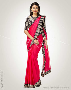 SR-0748 - Pink & black pure Chiffon silk saree