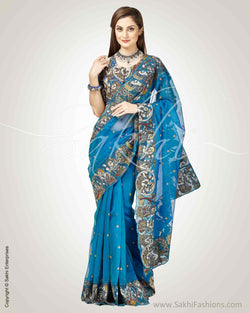 SR-0755 - Blue & multi pure Organza silk saree