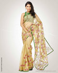 SR-0760 - Beige & green pure Organza silk saree