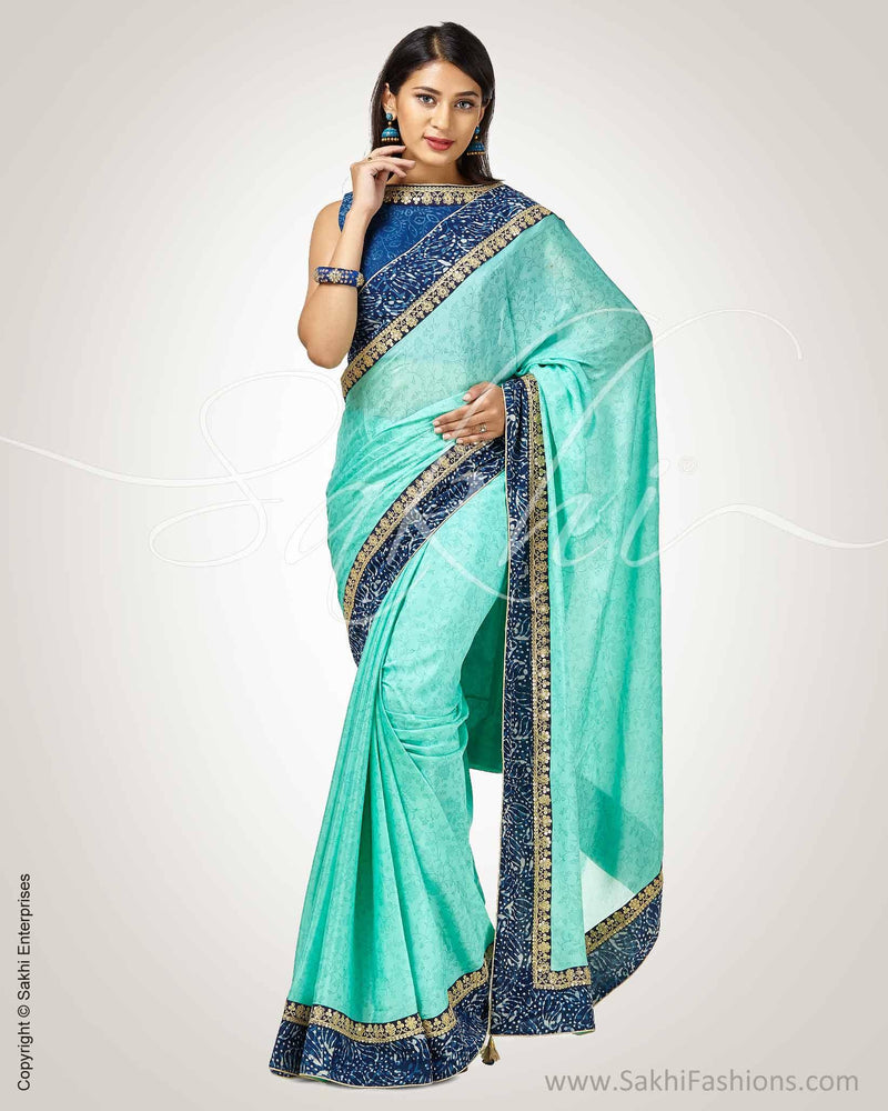SR-0792 - Green & Blue Faux Crepe Saree