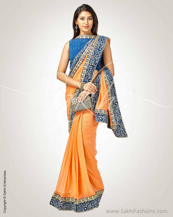 SR-0793 - Peach & Blue Faux Georgette Saree