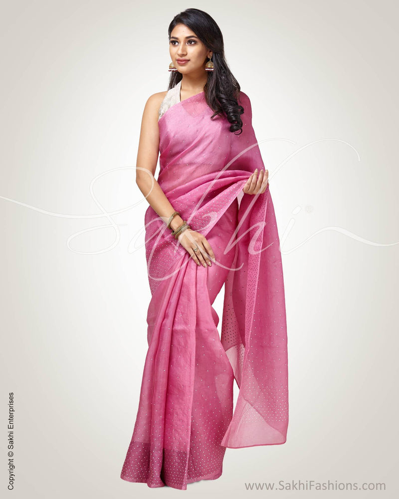 SR-0809 - Pink & silver pure Organza silk saree
