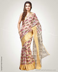 SR-0848 - Cream & multi pure Organza silk saree