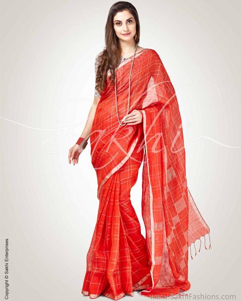 SR-0854 - Orange & Gold Pure Linen Saree