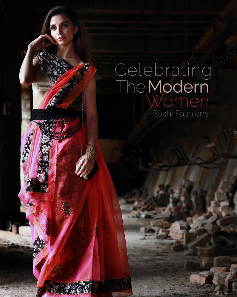 SR-0858M - Peach & black pure Organza silk saree