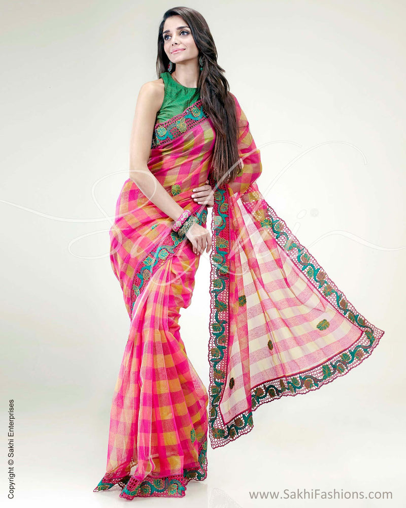 SR-0864 - Pink & yellow synthetic Linen saree
