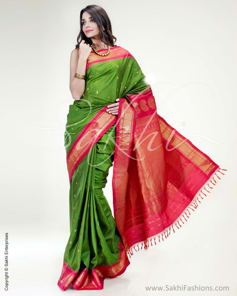 SR-0876 - Green & Pink Pure Silk  Saree