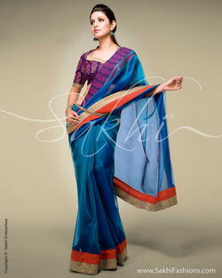 SR-0123 - Blue & Red Organza Saree