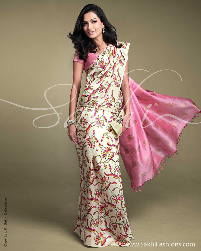 SR-0157 Cream & Pink Kanchivaram Silk Saree