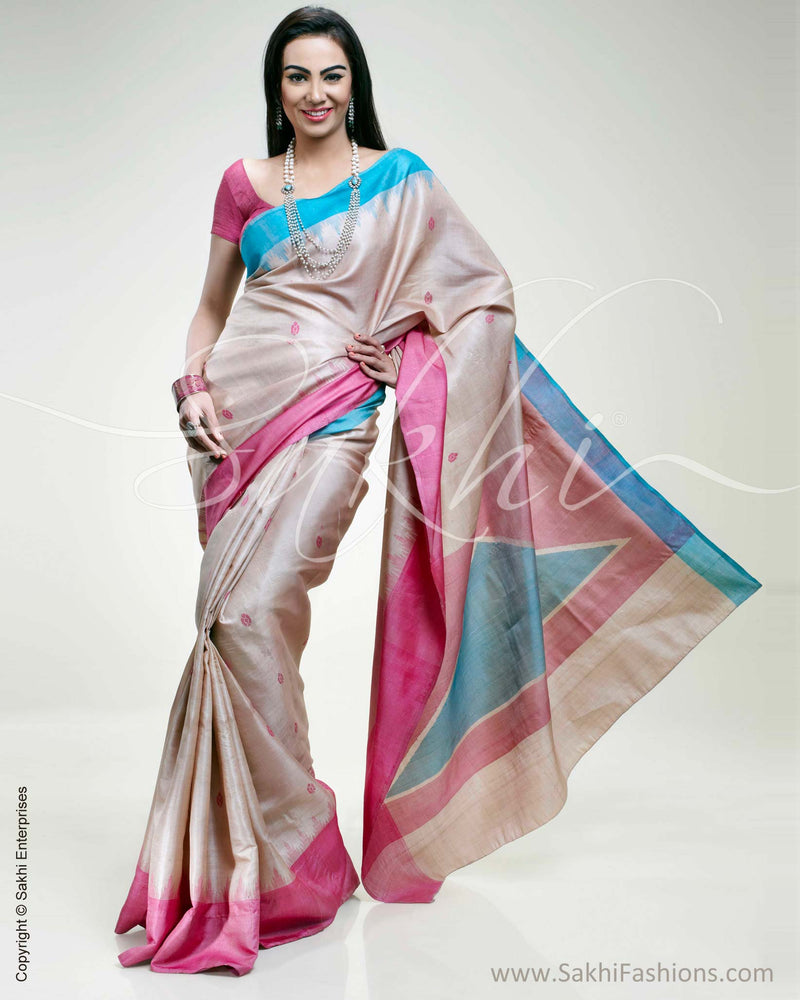 SR-0317 Biege & Pink Tussar Silk Saree
