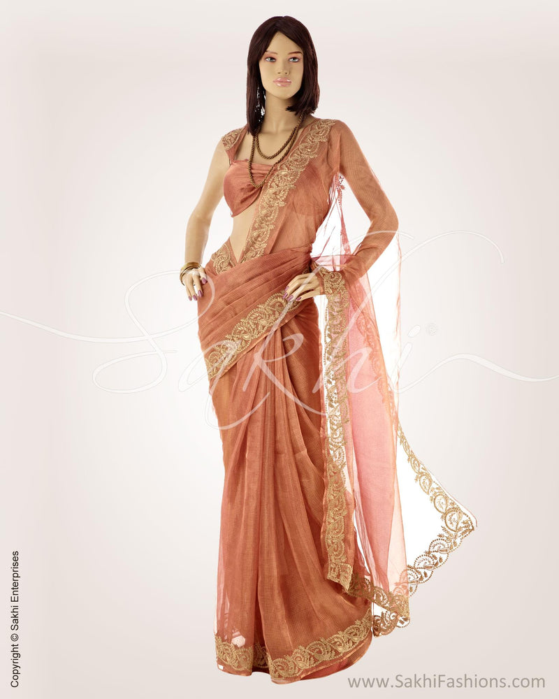 SRN-39804 - Peach & Gold Pure Tissue Kota Saree