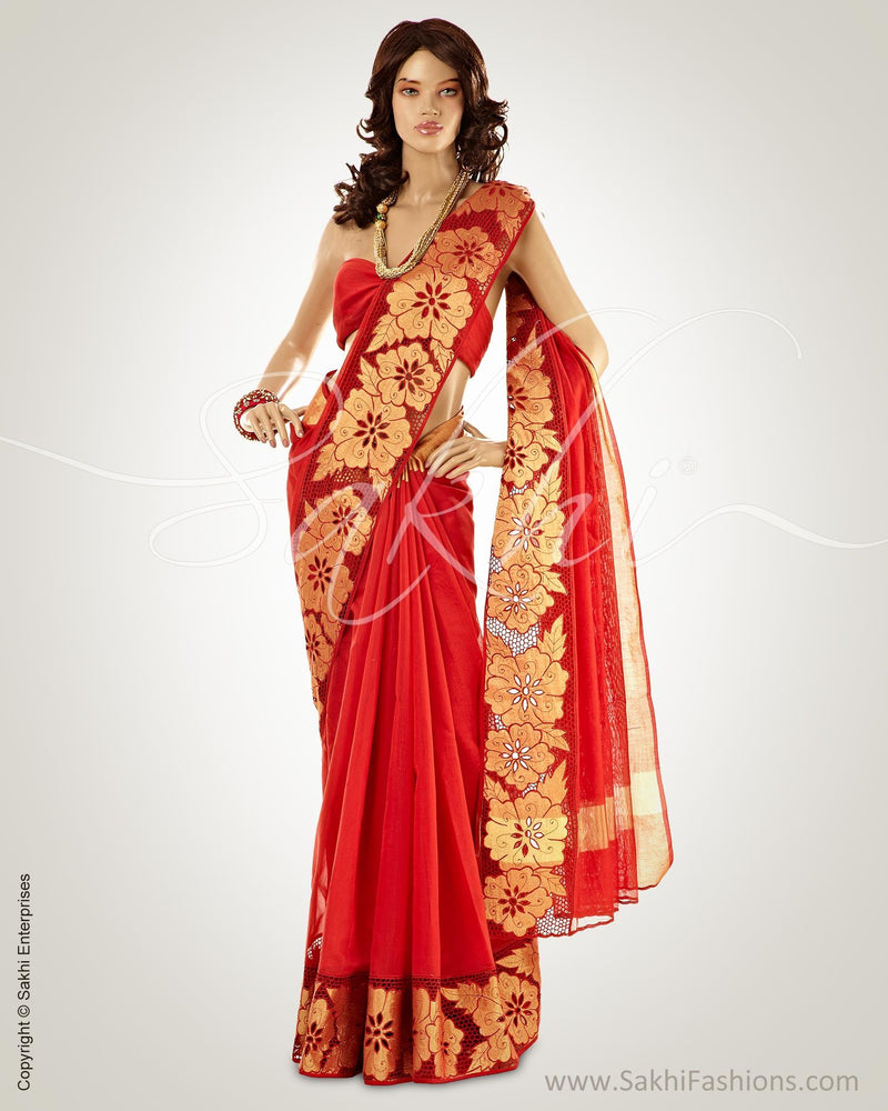SRO-13884 - Red & Gold Pure Chanderi  Saree