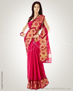 SRO-13885 - Pink & Gold Pure Chanderi  Saree