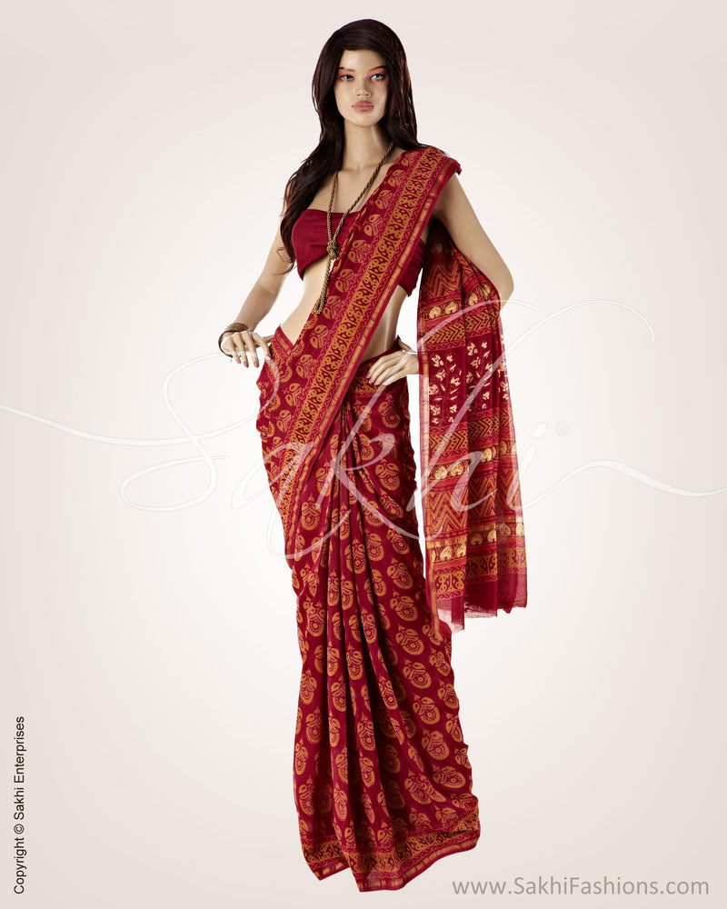 SRO-16378 - Maroon & Mustard Pure Chanderi  Saree